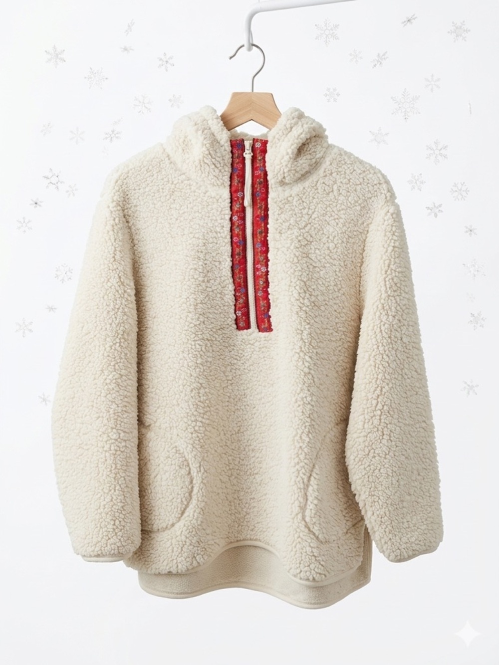 RXB Cream Sherpa Hooded Pullover with Red Floral Trim 1X